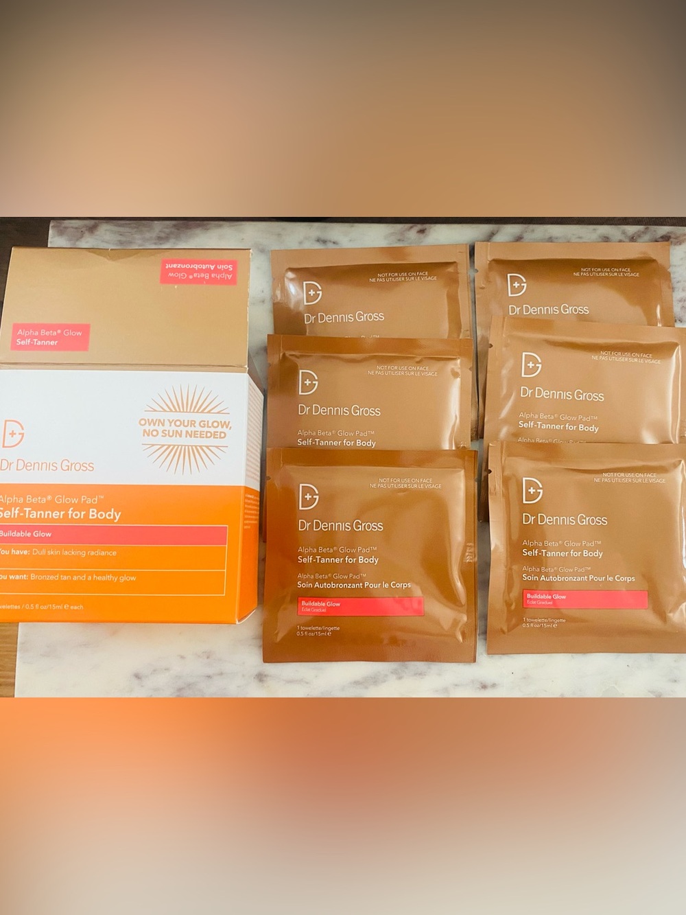 Dr. Dennis Gross Alpha Beta Glow Pads- Body Self Tanner Towelettes (6) NEW